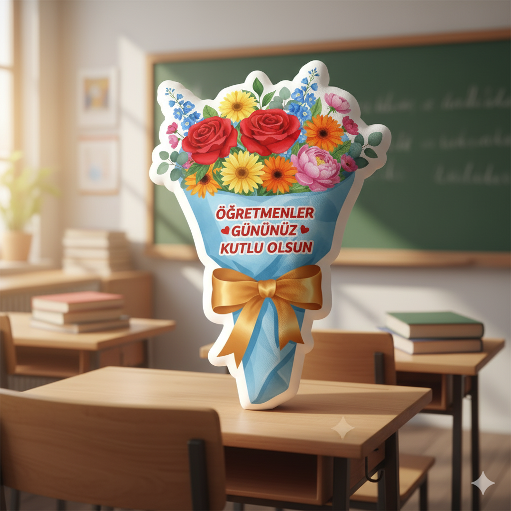Öğretmenler Günü Hediyesi  Öğretmen Pofidik Mavi Buket Yastık