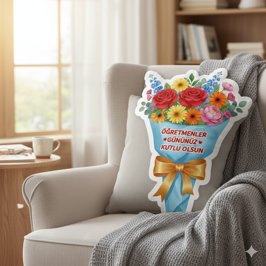 Öğretmenler Günü Hediyesi  Öğretmen Pofidik Mavi Buket Yastık