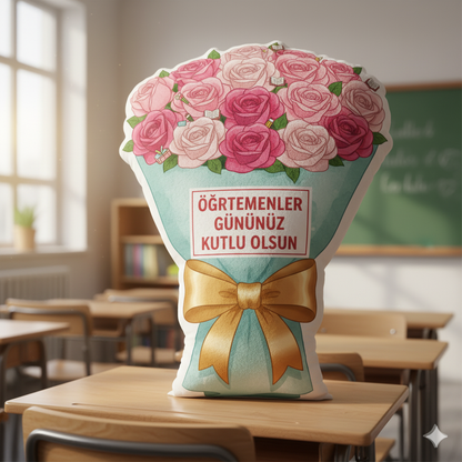 Öğretmenler Günü Hediyesi Canım Öğretmenim Pofidik Gül Buket Yastık