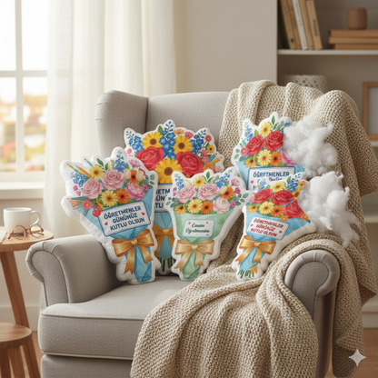 Öğretmenler Günü Hediyesi  Öğretmen Pofidik Mavi Buket Yastık