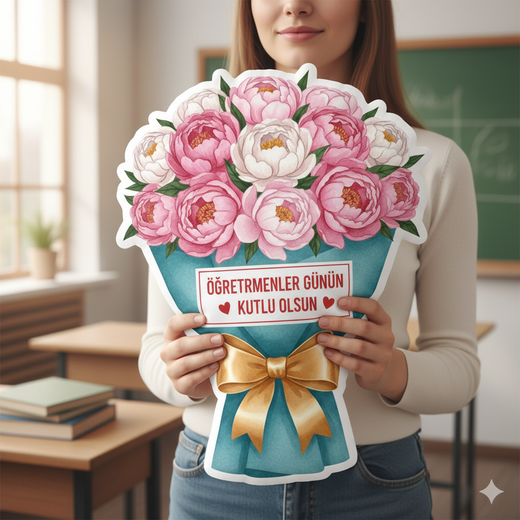 Öğretmenler Günü Hediyesi Öğretmen Pofidik Şakayık Buket Yastık