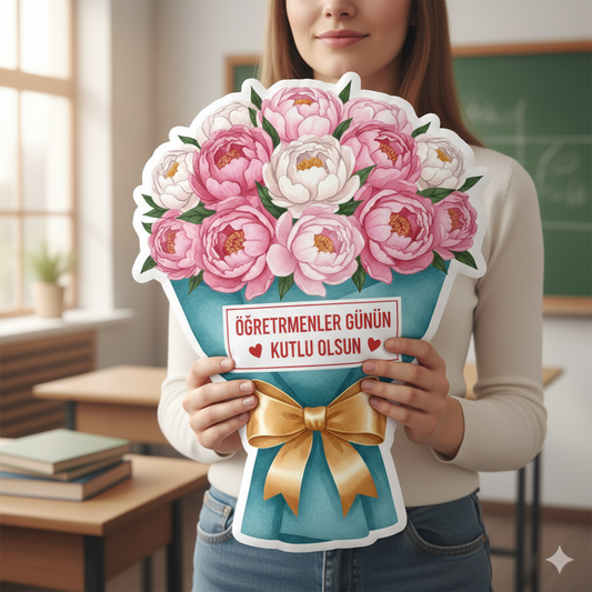 Öğretmenler Günü Hediyesi Öğretmen Pofidik Şakayık Buket Yastık